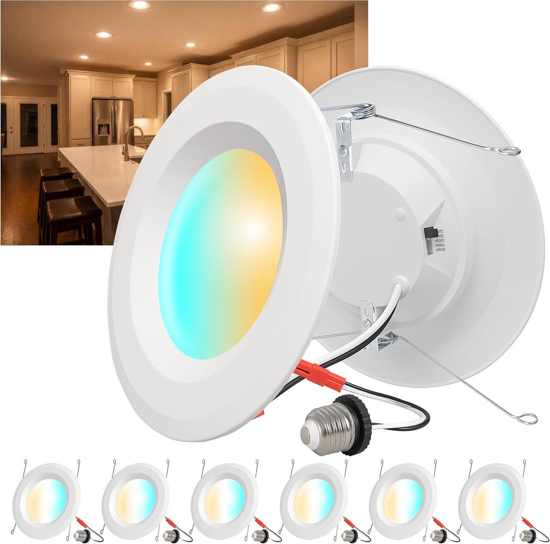 6 Inch LED Recessed Lighting 6 Pack, Retrofit LED Can Lights, 5CCT Recessed Lights, Selectable 2700K/3000K/3500K/4000K/5000K, 1050LM, 9.5W Eqv 110W, IC & Wet Rated, ETL & FCC, Smooth Trim