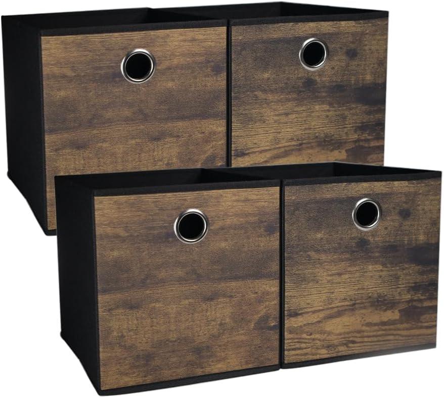 Durable Storage Cube Bin with Decorative Wood Grain, Thickened Fabric Box, Storage Basket for Shelves, Closet, Storeroom, Bedroom, Living Room, Nursery, Office, Dorm, RV, 11.8x11.8x11.8in, Brown with Black, 4 Pack