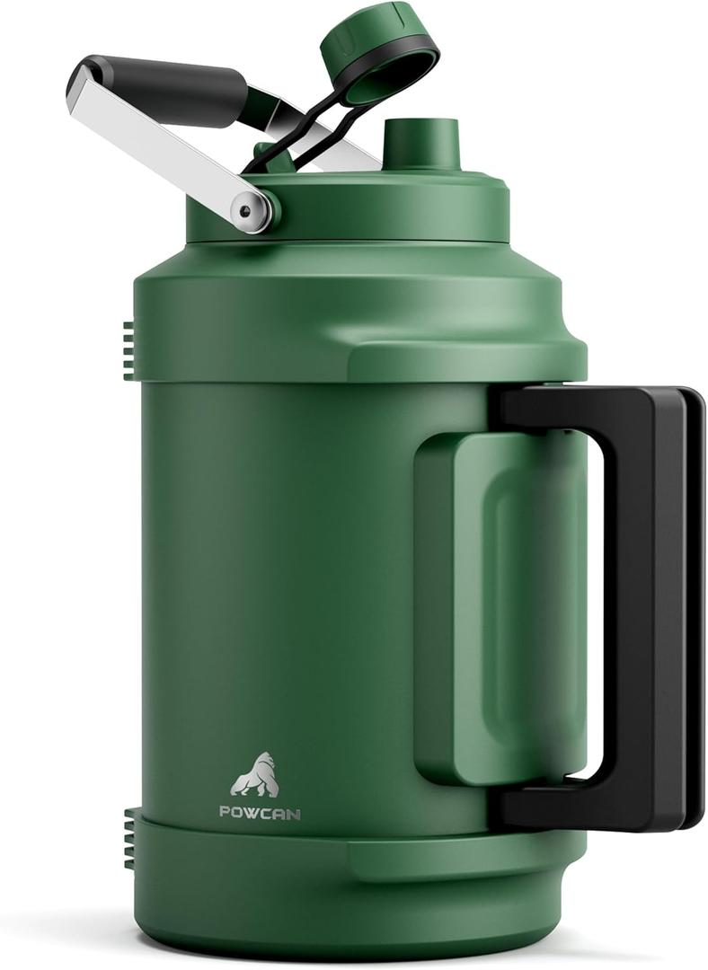 POWCAN One Gallon Insulated Water Bottle: 2-in-1 Straw Spout Lid, Dual Handle, Leakproof, Keep Cold 48H, 128oz Stainless Steel Water Jug for Outdoors, Trip, Sport, Fitness, Camping, Picnic (Forest)