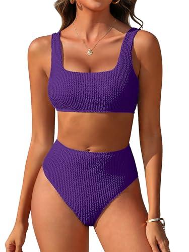 ANRABESS Women’ Two Piece Bikini Sets, High Waist Square Neck Swimsuits, Ribbed Textured Comfy Bathing Suits, Beach Swim Wear Dark Purple Medium
