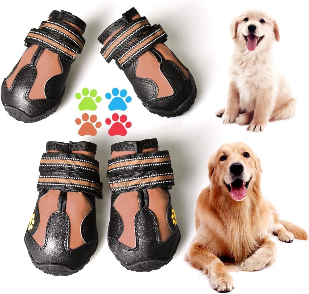 Covert Safe & Dog Boots for Dogs Non-Slip, Waterproof Dog Booties for Outdoor, Dog Shoes for Medium to Large Dogs 4Pcs with Rugged Sole Black-Brown