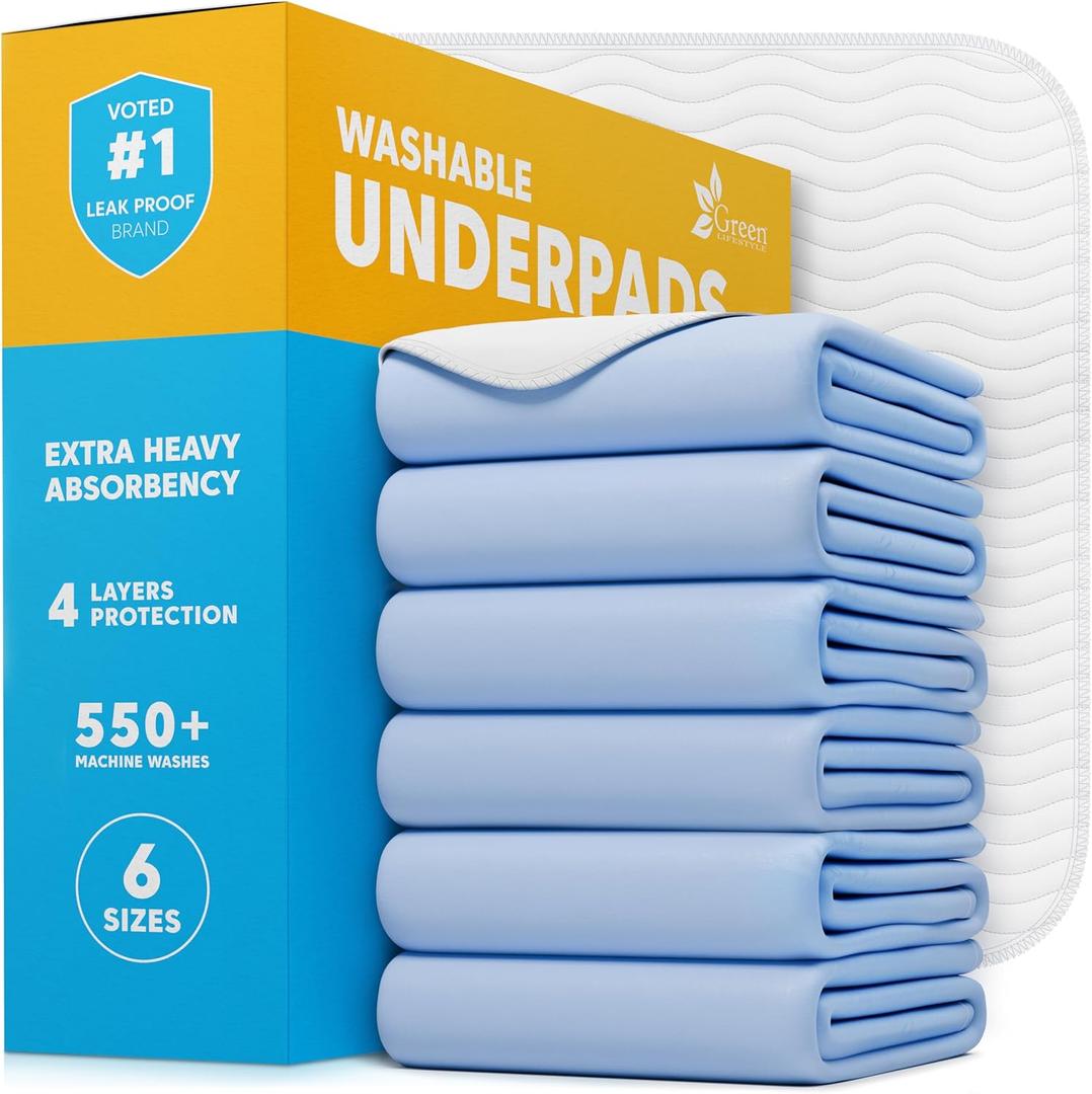 GREEN LIFESTYLE Washable Underpads - Large Bed Pads for use as Incontinence Bed Pads, Reusable Pet Pads, Great for Dogs, Cats, Bunny, Seniors Bed Pad (Pack of 6 - 30x34) (Blue/White)