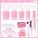 5 Sizes Self Grip Hair Rollers Set, 64 Pcs Rollers Hair Curlers with Clips Comb for Long Medium Short Hair (60 48 40 32 20mm), Pink