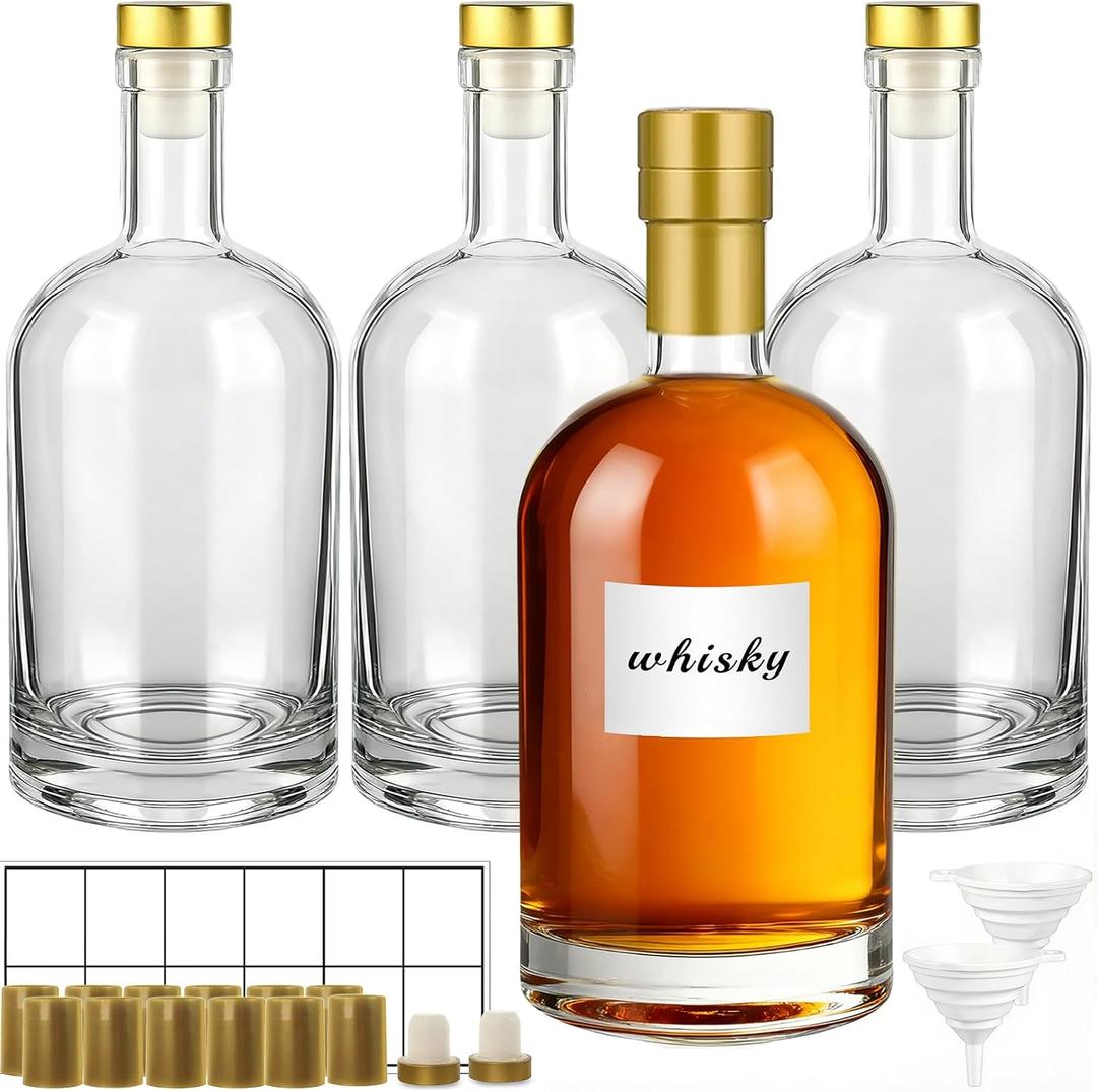 TBWIND 32 oz Clear Glass Bottles with Cork, 4 Pack Clear 1000ml Liquor Bottles, Thick Heavy Base Airtight Wine Bottles for Beverages, Liquor, Whiskey, Oil, Vinegar, Wedding Favors & Crafts