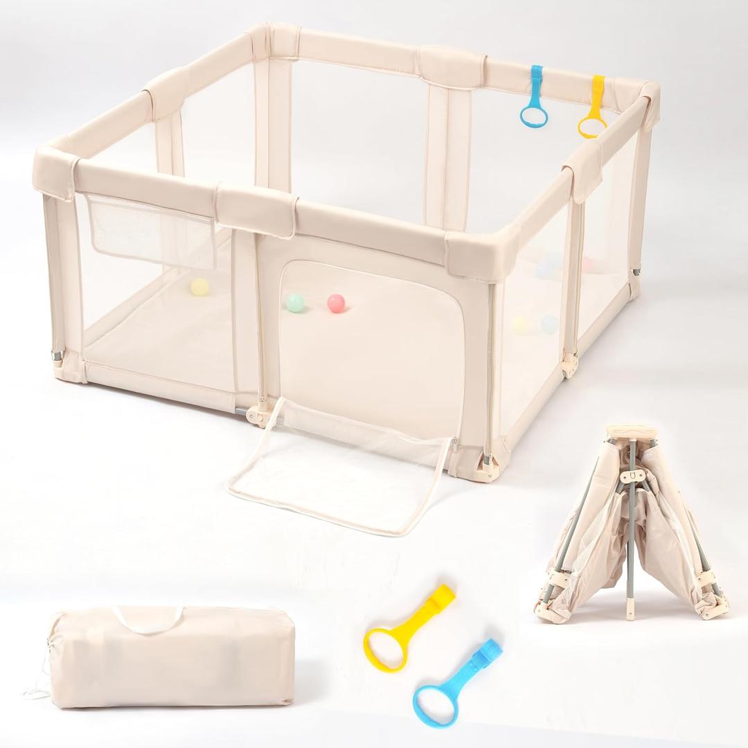 TOMBOSS Foldable Baby Playpen, Beige, Oxford Cloth, 50x50 Inch, Collapsible Play Yard with Mesh Sides and Toy Rings