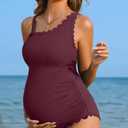 Charmo Maternity Swimsuit Pregnancy Swim Suits One Piece One Shoulder Scalloped Ruched Bathing Suits for Women Modest Swimwear Summer Clothes Burgundy L (L)