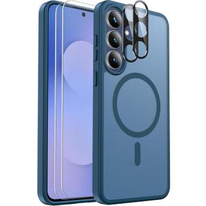 Ezanmull for Samsung Galaxy S25 FE Case Magnetic Shockproof, [Fit for MagSafe] [Glass Screen Protector + Camera Lens Protector] Translucent Anti-Fingerprint (Blue)