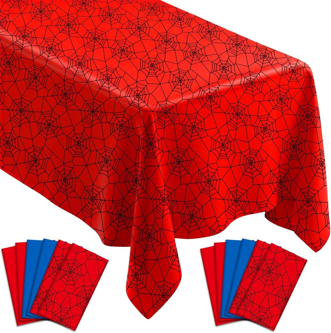 12Pcs Spider Theme Tablecloths Disposable Hero Party Plastic Table Cover Large Rectangle Red Blue Spiderweb Table Cloth for Kids Boys Spider Birthday Party Decorations Baby Shower Supplies 108x54 Inch