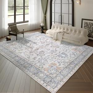 9x12 Rugs for Living Room, Floral Washable Rug for Bedroom, Machine Washable Area Dining Room Rugs (9ftx12ft, Cream Ivory)