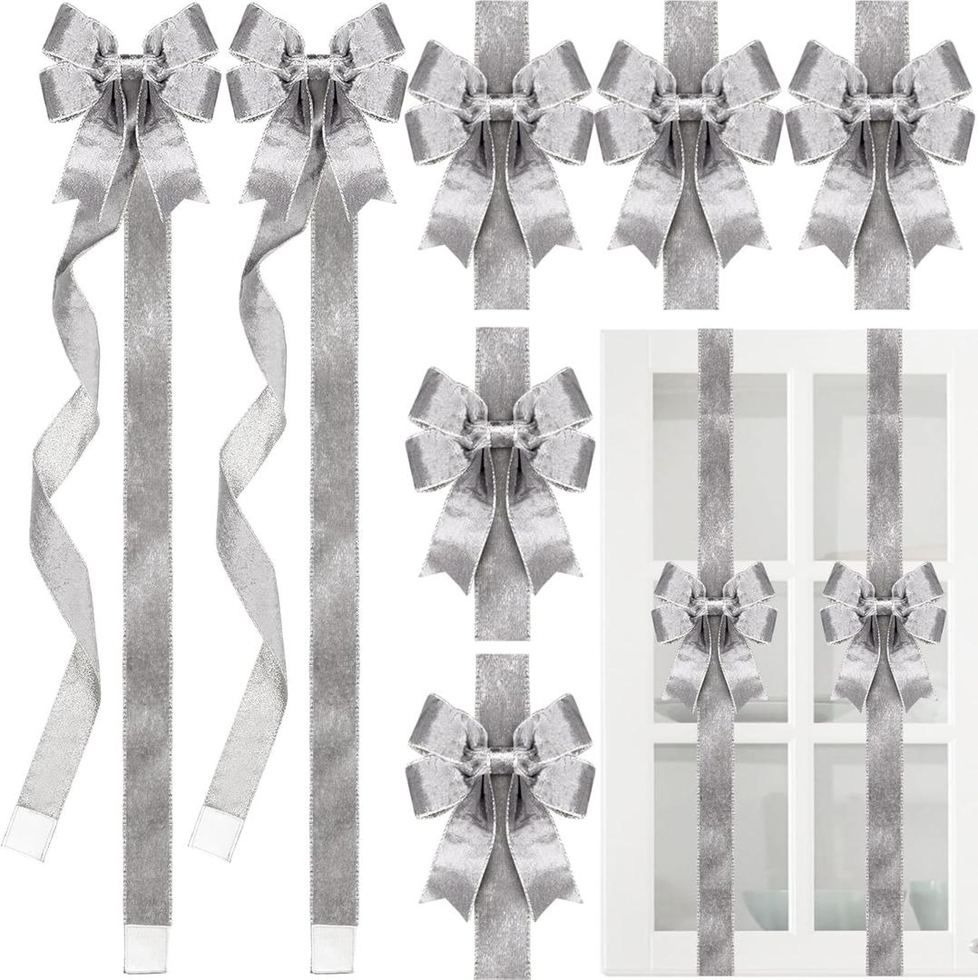 XunYee 15 Pcs Glitter Large Christmas Cabinet Ribbons Bows Thick Velvet Festive Xmas Bow Edge Burlap Door Decoration for Christmas Tree Fireplace Kitchen Gift Wrapping (Silver)