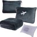 3 in 1 Travel Blanket Pillow Set - 350 GSM Thick Travel Blanket Airplane Compact with Bag, Soft Bag with a Pocket, Inflatable Travel Pillow for Camping & Car Trip (Dark Grey)
