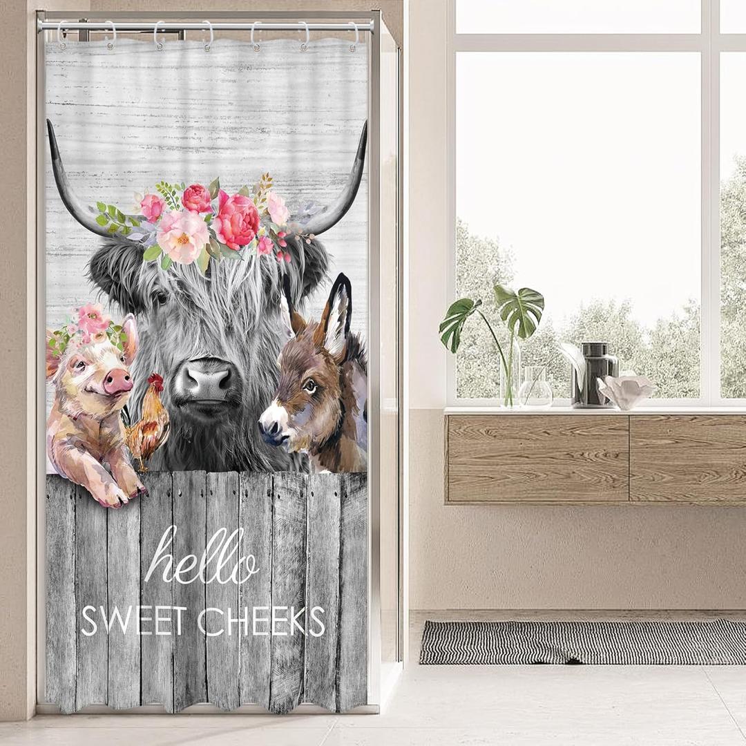 Small Stall Rv Farmhouse Highland Cow Shower Curtain 36Wx72H Inch Narrow Single Funny Rustic Western Animal Shower Curtain Bathroom Set Wooden Waterproof Bath Decoration Accessories Home Decor