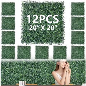 12Pcs 20"x 20" Grass Wall Panels Greenery Wall Backdrop Artificial Boxwood Hedge Panels UV Protected Easy Install for Indoor/Outdoor Privacy Fence & Garden Decor