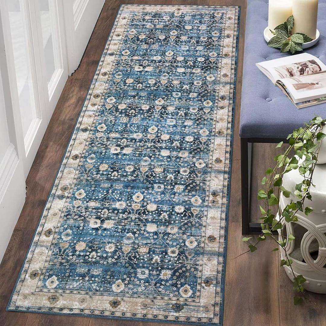 GlowSol Washable Runner Rug 2x6 Kitchen Rug Runner Long Entryway Rug Low-Pile Vintage Rug for Bedroom Non-Skid Soft Carpet Throw Rug for Bathroom Laundry Room Hallway,2x6 (2' x 6', Blue)
