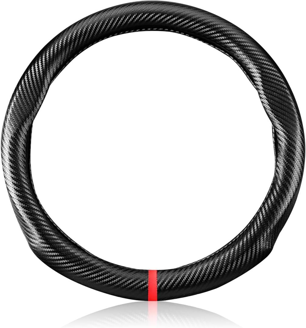 Ergocar Carbon Fiber Material Steering Wheel Cover Anti-Slip Breathable Sweat Absorbent Fashionable Sport Steering Wheel Sleeve for the Round Shape with Diameter of 15"37.5-38cm-Black Stripe
