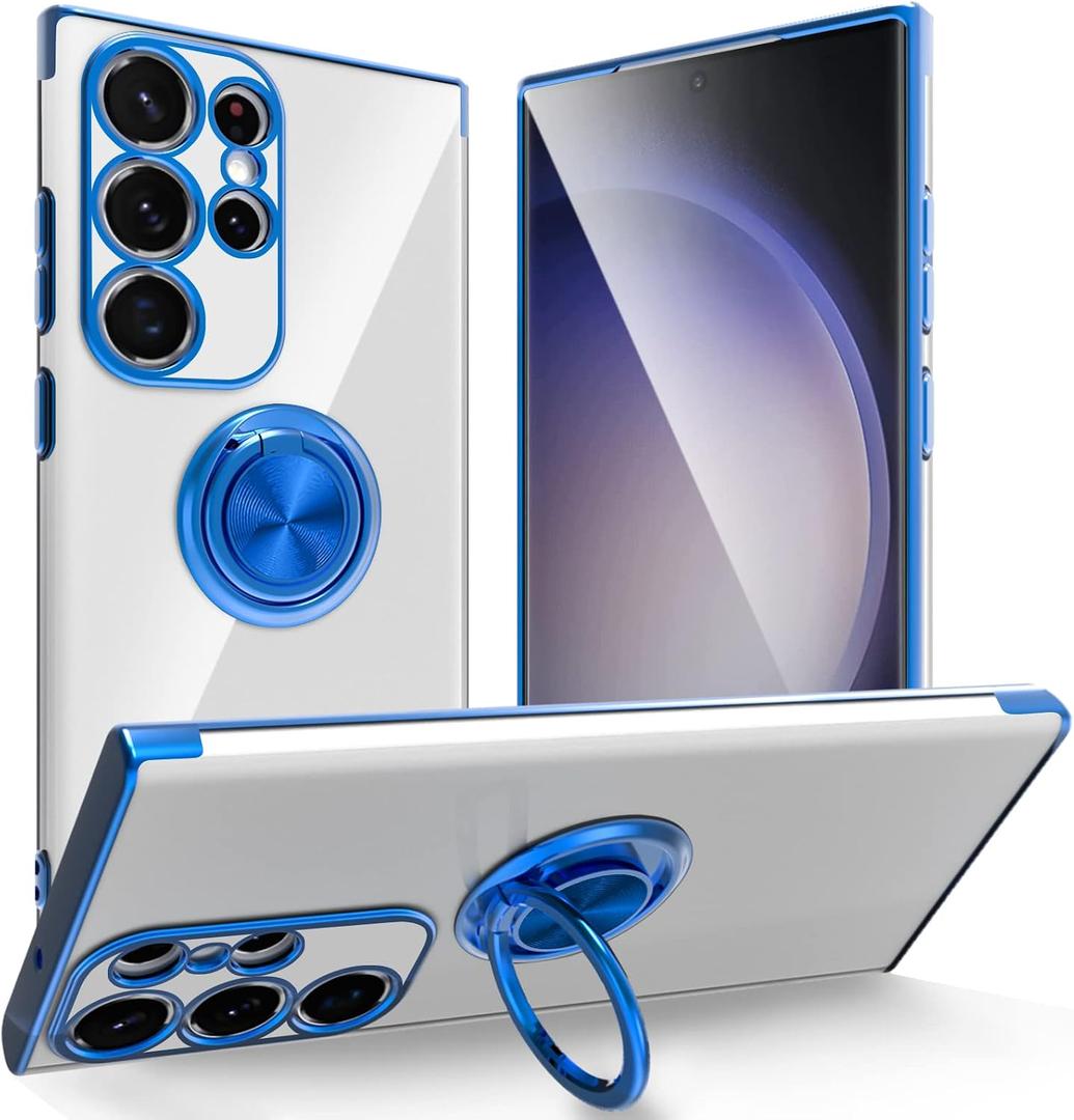 Designed for Samsung Galaxy S23 Ultra Case with Stand, Ring Holder Kickstand, Support Magnetic Car Mounts, Soft TPU Bumper, Non-Yellowing Anti-Scratch Anti-Fingerprint, Clear and Blue