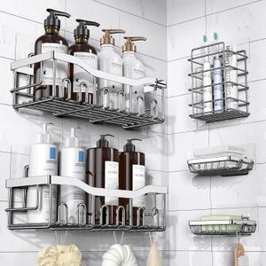 Shower Caddy 5 Pack - Adhesive Organizer for Bathroom & Kitchen, No Drilling, Large Capacity, Rustproof Stainless Steel Shelves (upgrade-5-piece set, Silver)