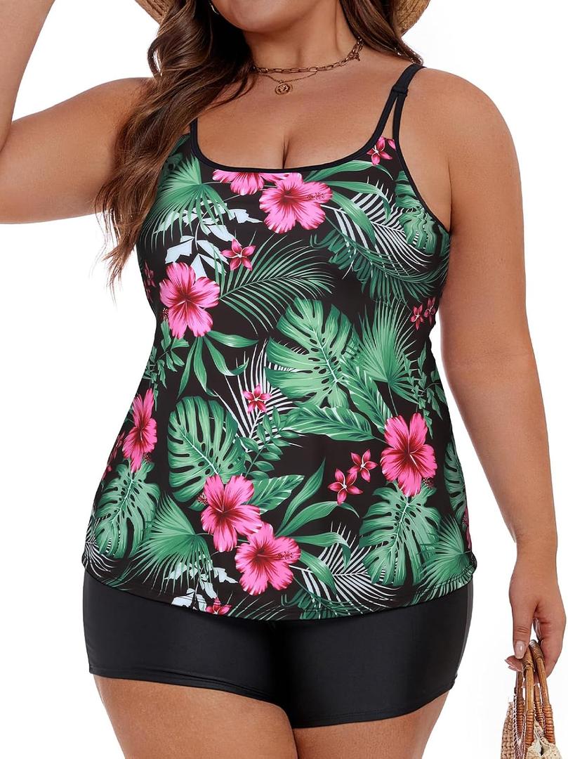 Tanst Sky Women's Plus Size Tankini Swimsuits Built in Bra Bathing Suits 2 Piece Set Swim Tops with Shorts (XL)