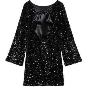 Womens Long Sleeve Sparkly Sequin Mini Dress Backless Bow Tie Short Dress Loose Fit Party Cocktail Glitter Dresses (Medium, Black)