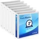 2 Inch 3-Ring Binder, 2" Round Ring Binder with 2 Inside Pockets, 6 Pack White Binders, Clear View Cover, Holds Up to 450 Sheets 8.5" x 11" PaperDurable Binders for Office/Home/Back to School