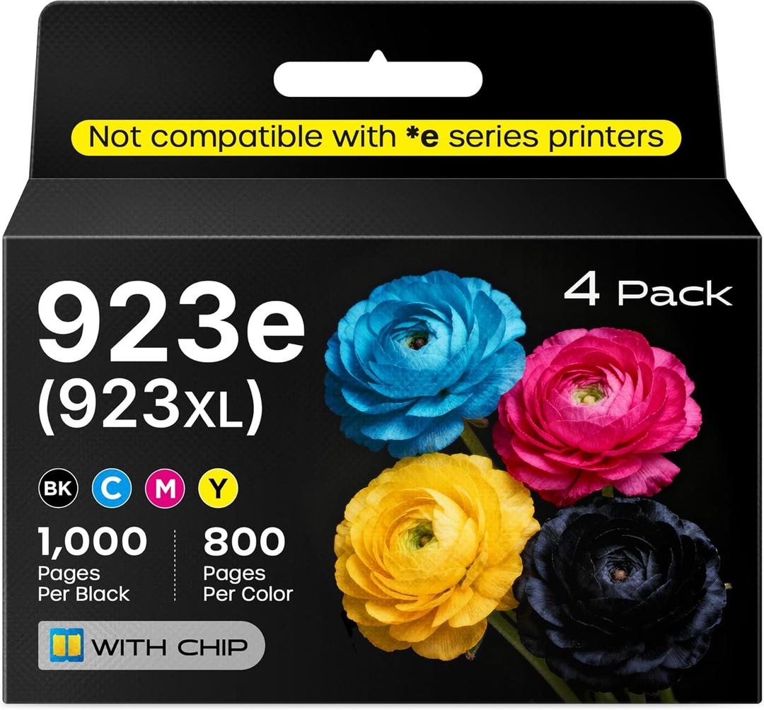 923e 923XL Ink Cartridges Combo Pack Compatible with HP 923 923e Ink Cartridges (with Chip) Replacement for HP OfficeJet Pro 8120 8123 8130 8133 Printers (BK/C/M/Y)