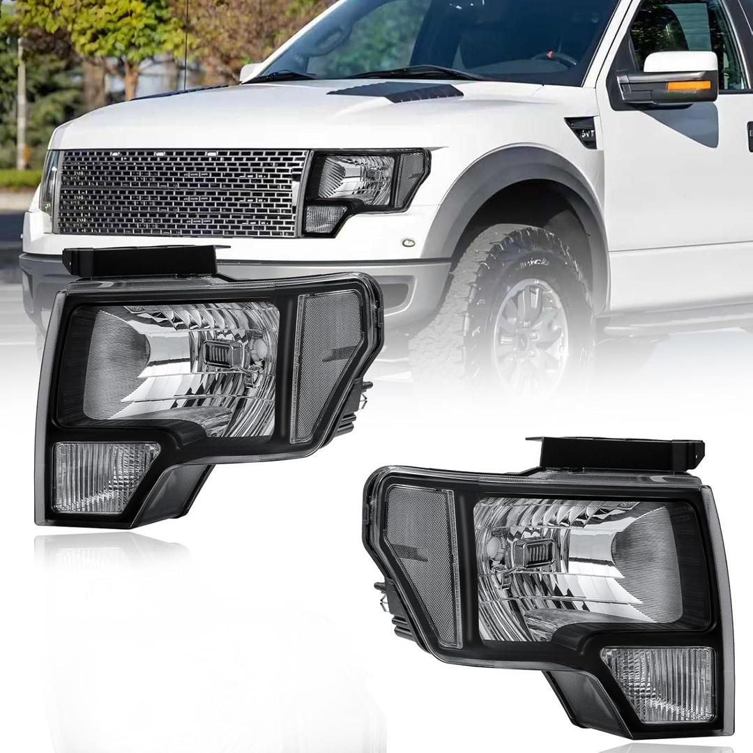 Headlights Assembly Compatible with 2009-2014 Ford F150 Left and Right Side Replacement Headlamp Black Housing Clear Reflector