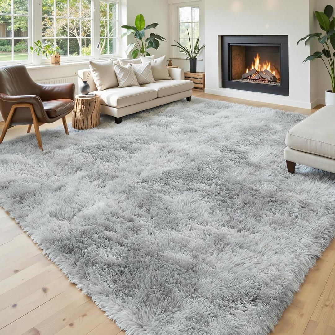 Area Rugs 9x12 Living Room, Large Area Rug Shag Shaggy Carpet Soft Plush Furry Bedside Rug, Machine Washable Area Rugs for Bedroom Kids Girls Boys Anti Slip(9 x 12, Light Grey Tie-Dyed)