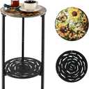 2-Tier Metal Round Side Table Black Accent Coffee Tables Small Space Corner Plant Stand Shelf for Indoor Outdoor Use Patio Balcony End Table Flower Print Weather-Resistant