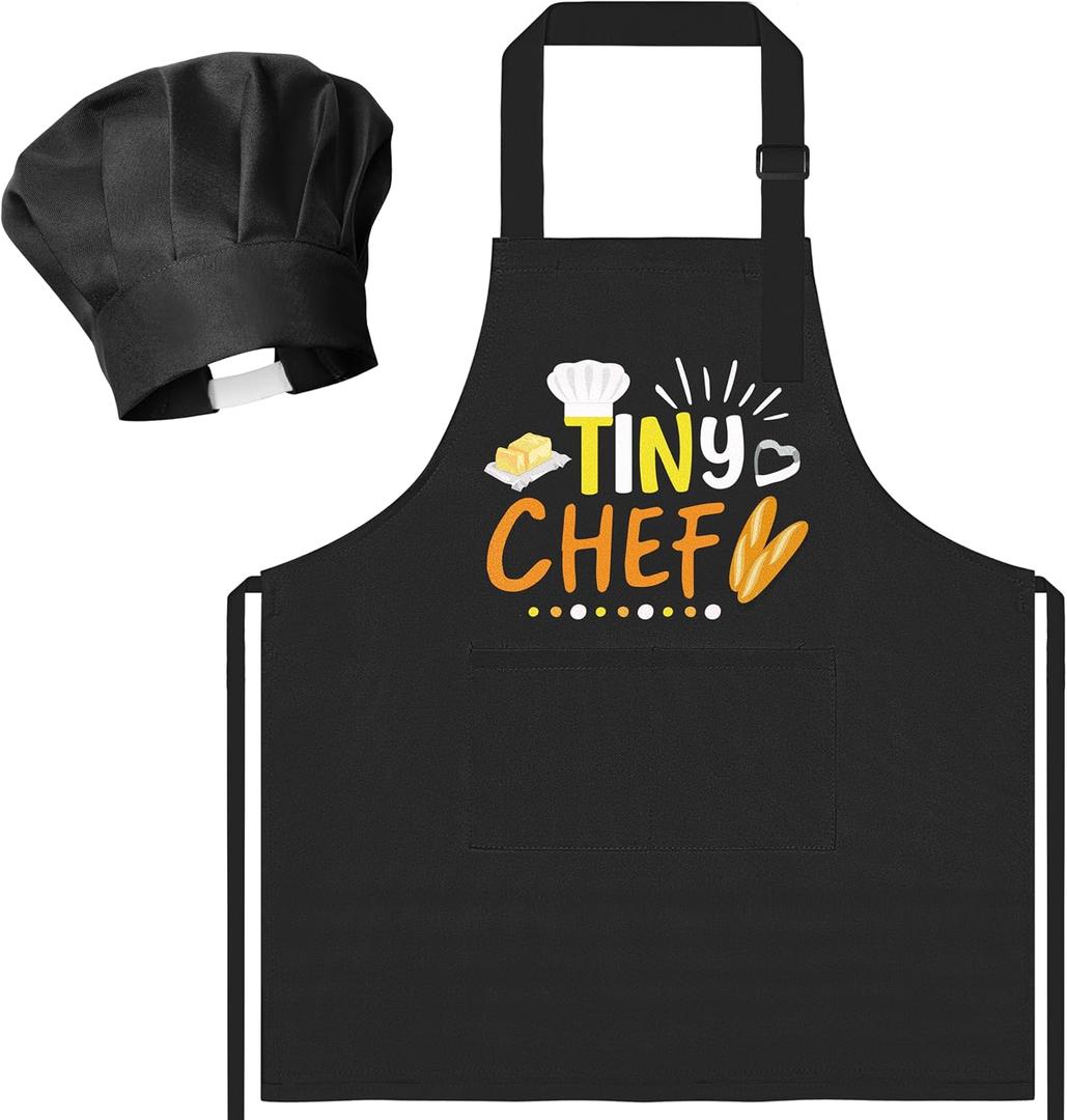 R HORSE Kid Apron and Chef Hat Set - 2Pcs Black Tiny Chef Adjustable Children Kitchen Toddler Apron with Pockets for Kids, Funny Dress up Pretend Play Toy Birthday Gift for Boy Cooking Baking Painting