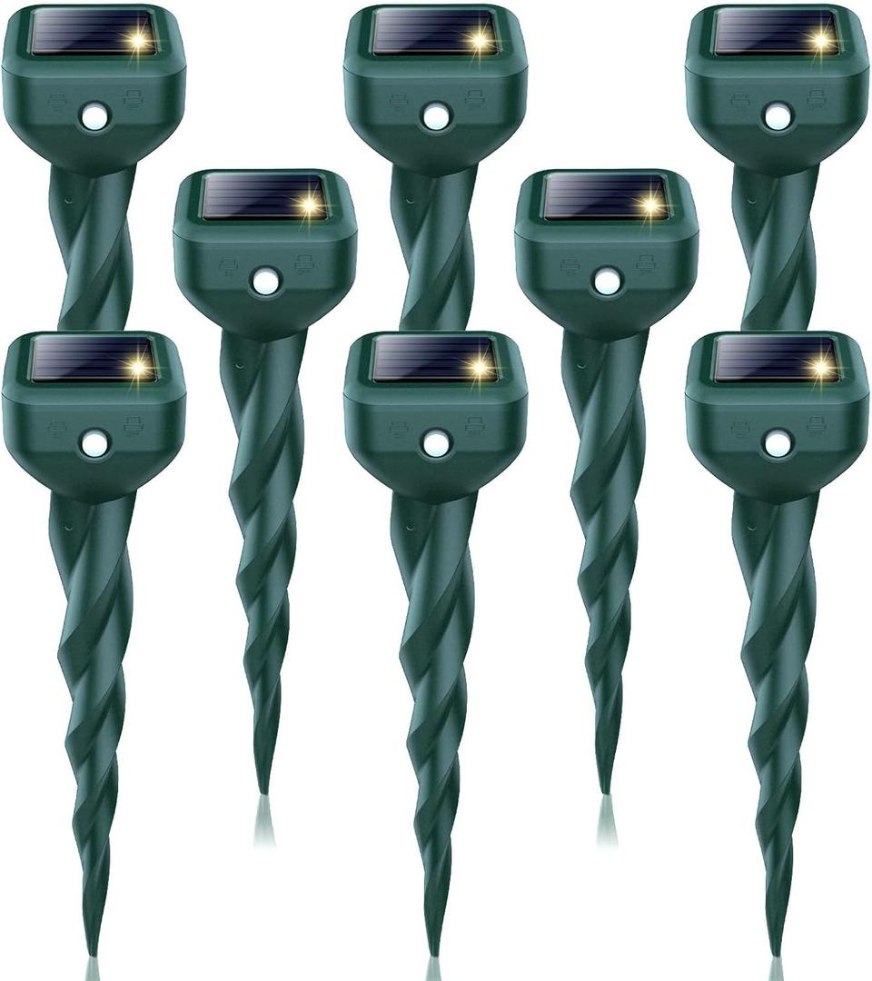 Mole Repellent Solar Powered, 8 Pack Snake & Skunk Repellent for Yard, IP 65 Waterproof Ultrasonic Deterrent Stakes, Get Rid for Rabbit, Gopher, Vole, Chipmunk, Deer, Groundhog for Lawns Garden