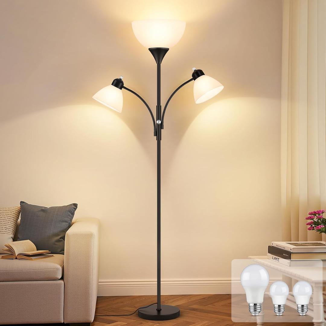 Coucrek Torchiere Floor Lamps for Living Room,72" Dimmable Lamp with 2 Adjustable Reading Lights for Bedroom, Black Tall Standing Room Lamp, 3 Bulbs Included