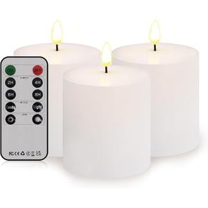 Bilymate White Wax Flameless Candles,Battery Operated LED Pillar Candles with Remote and Timer for Valentines Home Wedding Birthday Decoration,Set of 3
