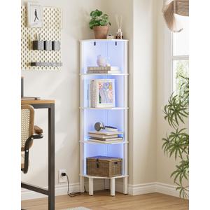 Corner Shelf Stand, 5 Tier Corner Bookshelf with Led Light,Corner Furniture for Bedroom Display Corner Shelf for Small Space,Wood Shelves with Storage Rack for Living Room,Office,White