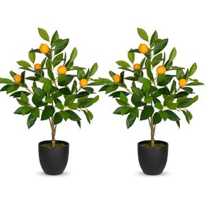 2Ft Artificial Orange Trees, 2 Packs Large Artificial Plants Indoor with Black Pots Faux Potted Citrus Trees Fake Floor Plants Lemon Decorations for Home Living Room Office, Bedroom Table, Desk