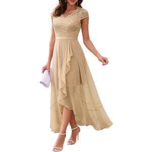 Bbonlinedress Women's V-Neck Dress for Women Wedding Guest Hi-Lo Floral Lace Prom Cocktail Party Formal Bridesmaid Dress (Large, Champagne)