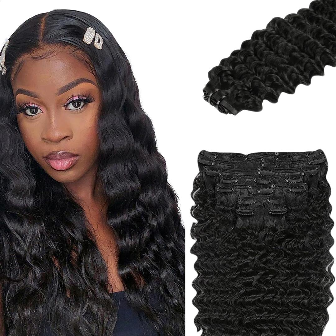 #1B Natural Black Clip in Human Hair Extensions 30 Inch Color #1B Deep Wave Clip in Seamless Extensions Human Hair Skin Weft Seamless Invisible Unprocessed Brazilian Virgin Remy Hair 120g