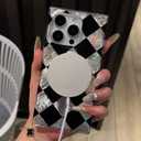 Checkered Magnetic Case for iPhone 14 Pro Max | Magsafe Compatible, Aesthetic Rectangular Diamond Checkerboard, Iridescent Glitter Sparkle, Black Silver