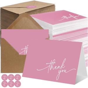Gueevin 200 Pcs Thank You Cards with Kraft Envelopes and Stickers Bulk, 3.5 x 5 Inch Classy Blank Thank You Notes for Wedding, Business, Graduation, Baby Shower, Bridal Shower, Funeral(Pink)