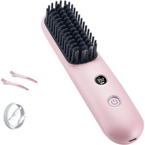 LCD Screen Cordless Hair Straightener and Curler 2 in 1, Rechargeable Portable Mini Travel Negative Ionic Hair Straightening Brush for Women, Fast Heating Hot Comb for Women, Pink