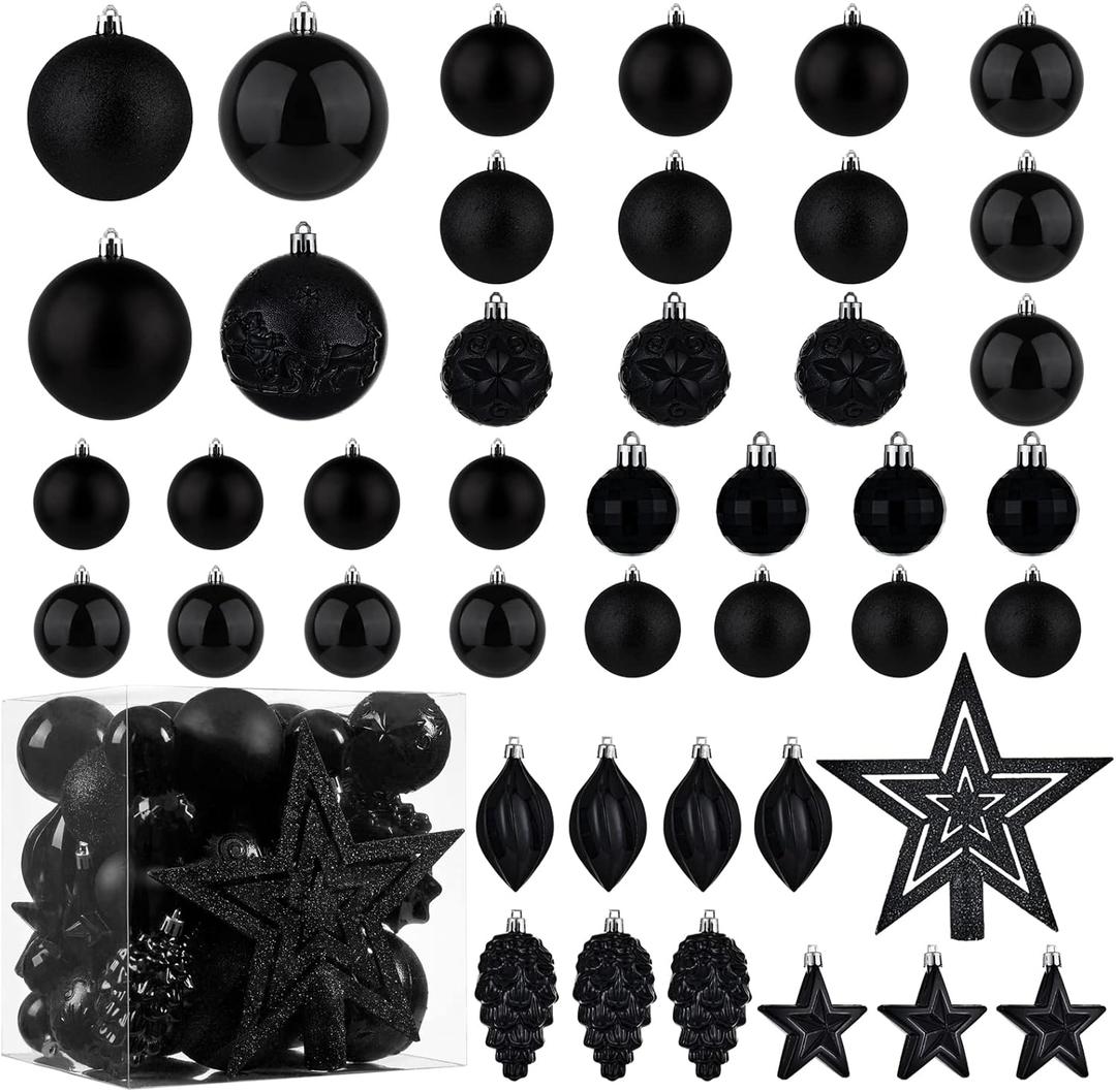 Christmas Ball Ornaments - 43pcs Shatterproof Christmas Tree Decorative Hanging Ornaments with Loop for Xmas Holiday Party Wreath Home Decoration, Black(Combo of 10 Ball and Shaped Styles)