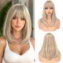 Haloo Blonde Bob Wigs with Bangs Shoulder Length Straight Natural Looking Synthetic Heat Resistant Medium Hair Wigs for Women Daily Party, 16 Inch Dirty Blonde