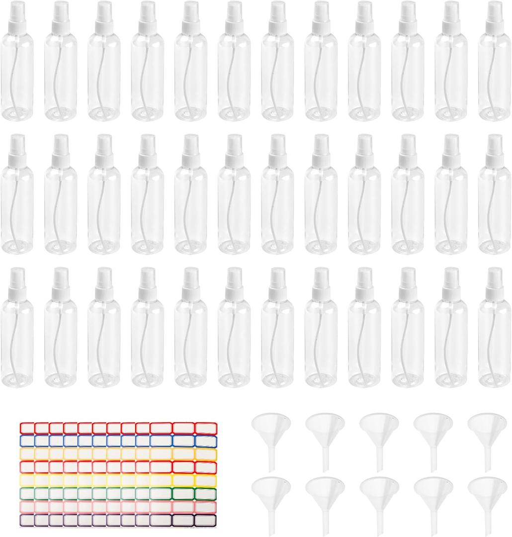 36 Pack Plastic Small Spray Bottles 4 oz/120 ml, Fine Mist Clear Empty Plastic Small Travel Spray Bottle, with 10 Funnels and 10 Labels