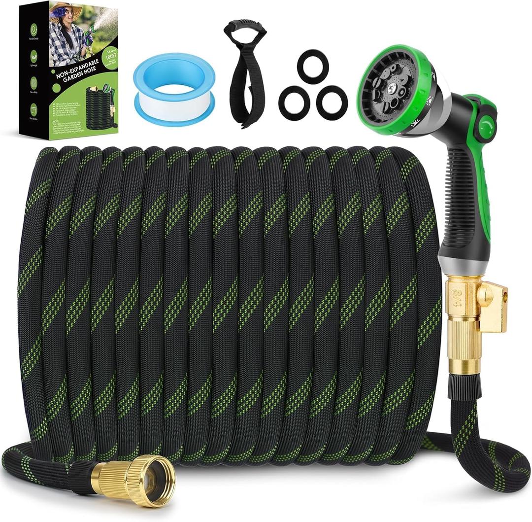 Non-Expandable Garden Hose 100 ft, Ultra Lightweight & Flexible Water Hose With 10-Pattern Spray Nozzle, Full Length Leak-Proof Design, High-Density Fabric & Shut-Off Valve, Hose Straps (Green-Twill Pro)