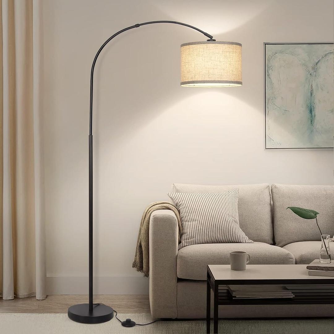 Seaside village Arc Floor Lamps for Living Room, Modern Standing Lamp with Adjustable Hanging Drum Shade, Tall Pole Lamp with Foot Switch, Over Couch Arched Reading Light for Bedroom, Office (Black)