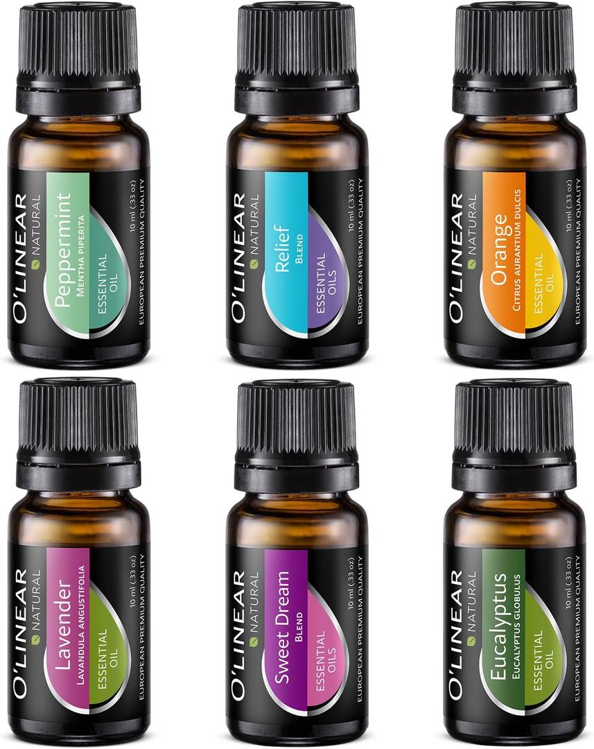 Essential Oils Set - 4 Oils & 2 Blends, Top 6 Oils for Diffusers for Home, Relief, Serenity Dream Oil Blend Aromatherapy, Peppermint, Orange, Lavender, Eucalyptus Essential Oils (0.33 Fl Oz (Pack of 6))