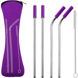 Set of 4 Pieces Stainless Steel Straws,Reusableï¼ŒWith Cleaning Brush and Zipper Pouch Bag(Purpleï¼‰