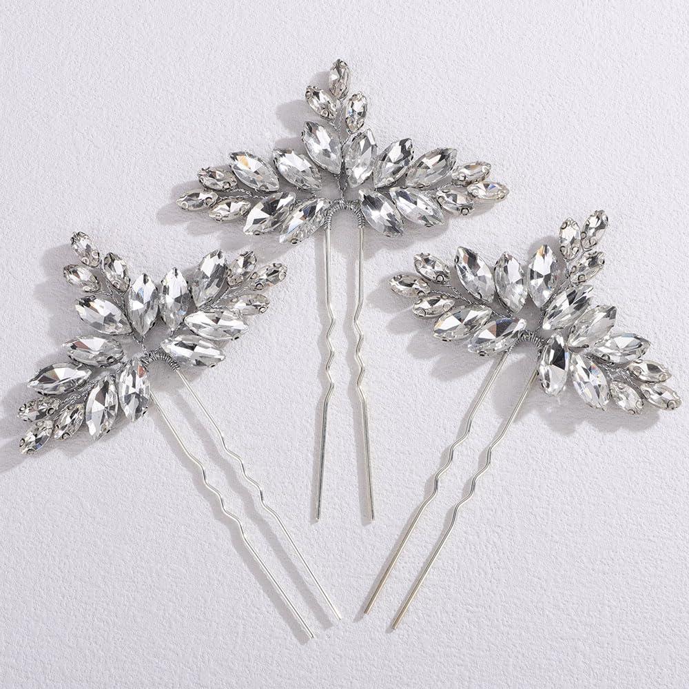 Missgrace Women Silver Red Green Simple Rhinestones Hair Pins Headpiece Bride Wedding Prom Party Hair Accessories for Women Set of 3 (Silver)