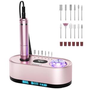 JOSGLOI 40000RPM Electric Nail File Drill Professional Kit, Drill Machine with LCD Display, Manicure Pedicure Polishing Acrylic Gel Nail Grinder for Salon, Home Use (Pink)
