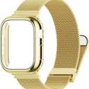 Waterproof Stainless Steel Milanese Band with Case Compatible for Apple Watch 42mm  Women/Men,Magnetic Strap for iWatch Series  3 2 1  (Gold)