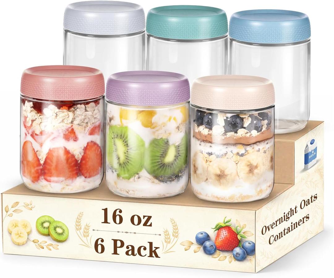6 Pack Overnight Oats Containers with Lids, 16oz Wide Mouth Mason Jars, Suger Bowls, Glass Food Containers with Airtight Lids for Overnight Oats Jars for Yogurt, Meal Prep, Chia Pudding